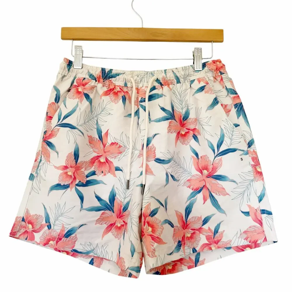 American Eagle White Floral Bathing Suit Swim Trunks Sz S